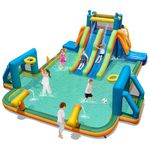 GYMAX Inflatable Water Castle, Kids Bounce House with Slides, Giant Soccer Zone, Climbing Wall, Water Cannons & Ring-toss Game, Indoor Outdoor Children Bouncy Castle for Garden