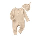 Infant Boys Girls Clothes Set Newborn Baby Romper Hat Ribbed Knit Long Sleeve Button Solid Bodysuit Jumpsuit, Beige, 0-3 Months