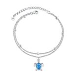 POPLYKE Blue Opal Sea Turtle Anklet for Women 925 Sterling Silver Sea Turtle Ankle Bracelet Double Layered Chain Summer Beach Jewelry Gifts