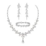 EVER FAITH Austrian Crystal Bridal Bridesmaid Jewelry Sets, Elegant Marquise Rhinestone Leaf Necklace Dangle Earrings Tennis Bracelet Set Clear Silver-Tone