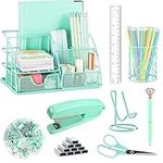 KAAKOW Green Desk Organizers and Accessories Office Supplies Set Stapler, Pen Holder, Phone Holder, Scissors, Pen, Ruler, 30 Paper Clips, 22 Binder Clip, 20 Tacks and 1000pcs Staples