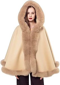 LVCOMEFF Women Wool Shawl Cape with Hood with Genuine Fox Fur Trimming Collar Plus size (light camel)