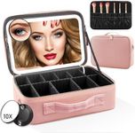 Dravina Portable Cosmetic Bag/Organizer With 3 Color Led Magnetic Mirror, Adjustable Dividers, 10X Magnifying Mirror & Is Waterproof|Travel Vanity Case For Women (Large, Blush Pink)