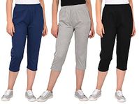 ESPRESSO Women's Casual Relaxed Fit Cotton 3/4th Capri Pants - Pack of 3 - Navy Blue/Grey Melange/Black - XL