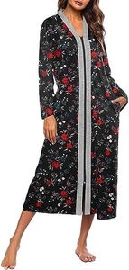 Ekouaer Women Zipper Robe Long Sleeve Loungewear Lightweight Housecoat Full Length Nightgown with Pockets (Black Floral, Small)