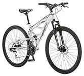 Mongoose Impasse Full Suspension Mountain Bike, Men and Women, 18-Inch Aluminum Frame, 29-Inch Wheels, Front and Rear Disc Brakes, Twist Shifters, 21-Speed Rear Deraileur, Silver