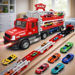 Toyshine Deform Big Hauler Fire Truck Toy with Storage | 55 Inch Race Track Ejection Set with 6 Cars, LED Light & Music (Red)