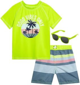 Quad Seven Toddler Baby Boys Swim Set - 3 Piece Swim Trunks Short Sleeve Rash Guard for Boys and Sunglasses (Sizes: 12M-7), Size 3T, Neon Green Vibes