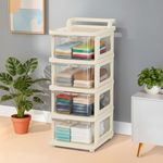Aliensware 4Layer Plastic Storage Drawer Organizer with Wheels, Modular Cabinet for Home, Office, School, Hospital, Parlor, Morden Kitchen,Clothes, Toys Organiser for Kids Room-Aliens-Clear Ivory