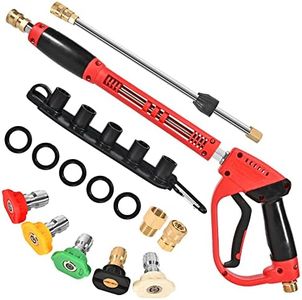 WXMECH Pressure Washer Gun With Extension Wand Replacement 5000 PSI High Power Washer Gun 38 Inch Adjustable Length with M22 14mm or M22 15mm Fitting 5 Nozzle Tips with Nozzle Holder (Red)