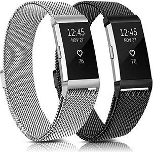 Meliya Metal Bands Compatible with Fitbit Charge 2, Stainless Steel Magnetic Lock Replacement Wristbands for Fitbit Charge 2 Women Men Small Large (Small, Black+Silver)