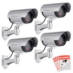 FITNATE Dummy Security Camera, Upgrated 4 Packs Fake Security Camera CCTV Surveillance System with LED Red Flashing Light for Both Indoor & Outdoor Use + Security Camera Warning Stickers × 4 (Sliver)
