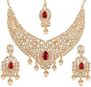 NEW! Touchstone Indian Bollywood Desire Legendary Style Old Diamond Look Faux Ruby Grand Designer Bridal Jewelry Necklace Set In Antique Gold Tone For Women