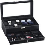 TomCare Watch Box Watch Case Watch Holder Organizer Jewelry Case Drawer Sunglasses Display Box Storage Earrings Storage Organizer Lockable with Glass Top and PU Leather for Men Women (All Black)