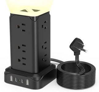 Power Bar Tower with Night Light, PD 20W Surge Protector Power Strip with 4 USB Ports(2A+2C), 6 Feet Extension Cord with Multiple Outlets Ultra Thin Flat Plug for Home Office Dorm Room (Black)