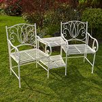 Home Source Tulip Garden Bench Duo Love Seat Companion Chair Outdoor 2 Seater Ornate Design, Cream