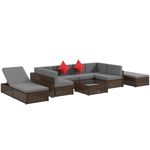 Outsunny 9 Pieces Wicker Patio Furniture Set with Cushion, PE Rattan Outdoor Conversation Set Sectional Sofa Set with 2 Loungers and Tempered Glass Top Table, Light Grey