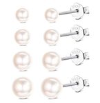 Sllaiss 4Pairs 925 Sterling Silver Pearl Stud Earrings Set for Women Pearl from Austrian Simple Freshwater Pearl Earrings for Women with Gift Box 4-8mm