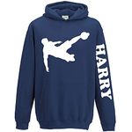 Custom Name Footballer Kids Hoodie, Personalised Text Gifts For Boys and Girls , Unique and Cool Birthday Christmas Footy Club Soccer Hoody, Hooded Footy Jumper Gift, Navy, 12-13 Years