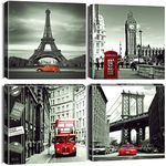 OTOSTAR 4 Pieces Canvas Prints Wall Art - Red Cityscape with Eiffel Tower, Big Ben, Tower Bridge Picture Painting- Modern Wall Artwork Framed for Bathroom Home Office Decor - 12 x 12 Inch