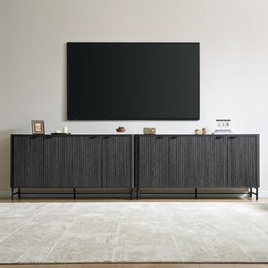 Fatmok 65" Large Sideboard Buffet Cabinet with Storage, Set of 2 Modern Fluted Credenza Accent Coffee Bar Console Tables with Doors & Adjustable Shelves for Living Room or Hallway, Black & Grey