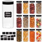 HYCKee 12 Pack Plastic Jars with Black Lids,500ml Plastic Food Storage Jars for Spice Dry Food Snack, Bean,1 Pen and 20 PCS Labels Kitchen Pantry Storage Jars