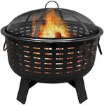 Garden Mile Metal Heavy Duty large Fire Pit -Rattan Effect Wood Burner Firepit for Garden & Patio Fire Poker and Mesh guard Included Round Outdoor Patio Heater with carry handles (71 x 64 x 58cm)