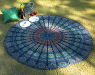 RAJRANG Round Mandala Tapestry 183 cm Blue Tapestries Hippie Boho Bohemian Home Decor Cotton Tablecloth Picnic Camping Beach Throw Peacock Roundie