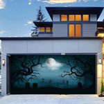 Halloween Garage Door Backdrop,16 x 7 FT Garage Door Banner Halloween Decorations with Haunted House Graveyard Pumpkin Castle Moon Night Garage Door Cover for Garage Wall Door (P02)