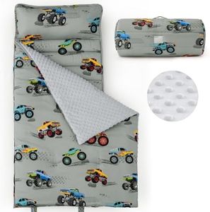 PHF Toddler Nap Mat with Removable Pillow and Minky Blanket, Rollup Design Kids Sleeping Mat, Slumber Bags for Boys, 55"x23" Toddler Sleeping Bag for Daycare Preschool Travel Camping, Truck Cars