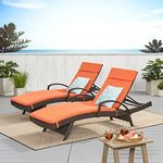 DEVOKO Outdoor Wicker Sun Lounger Chair Set of 2 with Adjustable Backrest and Cushion for Beach, Lawn, and Patio (Dark Brown & Orange)