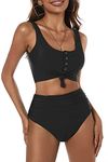 Vozobi Women's High Waisted Bikini Sets Scoop Neck Swimsuit Cheeky Thong Bottom Two Pieces Bathing Suit Pool Beach Set Black