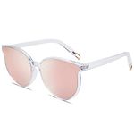 SOJOS Fashion Round Sunglasses for Women Men Oversized Vintage Shades SJ2057 with Clear Frame/Pink Mirrored Lens