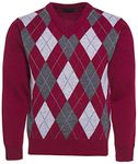 Maan Store Men's V Neck Classic Knitted Jumper Diamond Pattern Long Sleeves Top Sweater (L, Maroon)