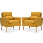 Giantex Set of 2 Upholstered Accent Chair, Linen Fabric Single Sofa Armchair w/Waist Pillow, Solid Wood Legs & Thick Sponge Cushion, Modern Leisure Chair for Living Room Bedroom Office, Beige (Yellow)