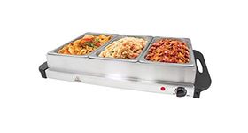 Invero® Large 3-Section Stainless Steel Food Buffet Server and Warming Hotplate Tray with Adjustable Temperature Control, Clear Lids and Cool Touch Handles - 300W