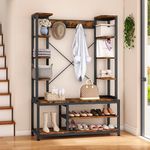 DWVO Coat Rack Shoe Bench, 5-in-1 Entryway Hall Tree with Shoe Storage, Industrial Freestanding Coat Rack Shoe Storage with Two Side Storage Shelves, 7 Hooks, for Hallway, Bedroom, Rustic Brown