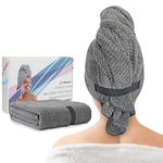 FREATECH Large Microfibre Hair Towel Wrap for Women Long Thick Curly Hair, 110 x 70 cm Luxury Quick Drying Hair Turban Towel with 2 Elastic Straps for Wet Hair, Anti-Frizz Hair Drying Towel, Grey