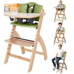 Abiie Beyond Junior Wooden High Chair with Tray - Adjustable and Convertible High Chair for Babies and Toddlers - 6 Months to 250 Lb - Water Resistant - Natural Wood/Olive Cushion