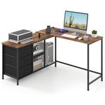 CASART L-shaped Computer Desk with Power Outlet, 2 in 1 Convertible Office Desk Corner Desk with Drawers & Shelves, 140cm Home Office PC Table Writing Desk for Bedroom Study (Rustic Brown+Black)