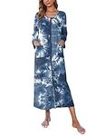 Ekouaer Women Long House Coat Zipper Front Robes Full Length Nightgowns with Pockets Striped Loungewear