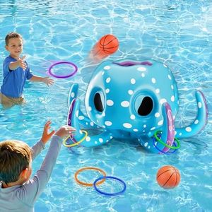 Funscape Octopus Pool Toys, 2-in-1 Inflatable Floating Pool Game, Basketball Hoop & Ring Toss Water Game, Outdoor Summer Beach Backyard Play, Cool Family Party Gift 3 4 5 6 7 8 Year Old Boy Girl Child