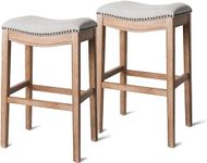 Maven Lane Adrien Hardwood 79 cm H Seat Saddle Bar Height Stool Chair with Nailhead Trim, Weathered Oak Finish & Sand Fabric, Set of 2