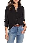 Hotouch Women Button Down Shirts with Pockets Long Sleeve Office Blouses Casual Business Tops Slim Fit Chiffon Shirts Black