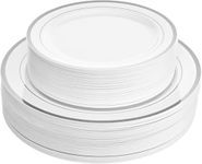 Aya's 60 Silver Rimmed Plastic Plates for Party, Heavy Duty Disposable Plates Set of 30 Dinner and 30 Dessert Plates, Party Plates for Weddings and Special Events, Fancy Disposable Plates