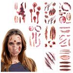 45 Sheets Temporary Tattoos Realistic Halloween Scar Wounds Zombie Tattoos Bloody Fake Tattoos Scab Stickers for Halloween Party Cosplay Makeup Props