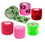 Prairie Horse Supply 2 Inch Vet Wrap Tape Bulk (Green, Pink, Red and Black Paw Prints on Green, Pink, Red) (Pack of 6) Self Adhesive Adherent Adhering Flex Bandage Grip Roll for Dog Cat Pet