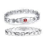 LinnaLove Double Heart Medical alert Bracelet for Women 7 1/2 inches Stainless steel Medical alert bracelets with Free Customize engraving