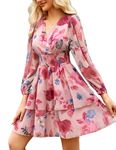 VIDUSSA Women's Floral Casual Dress V-Neck Puff Long Sleeve Ruffle Chiffon Mini Swing Skater Beach Flowy Wrap DressesFloral Pink S