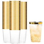 Tebery 100 Pack Gold Rimmed Plastic Cups, 12oz Clear Plastic Wedding Cups for Reception, Sturdy Disposable Elegant Party Tumblers Cups for Picnic, BBQ, Travel, Christmas, Events